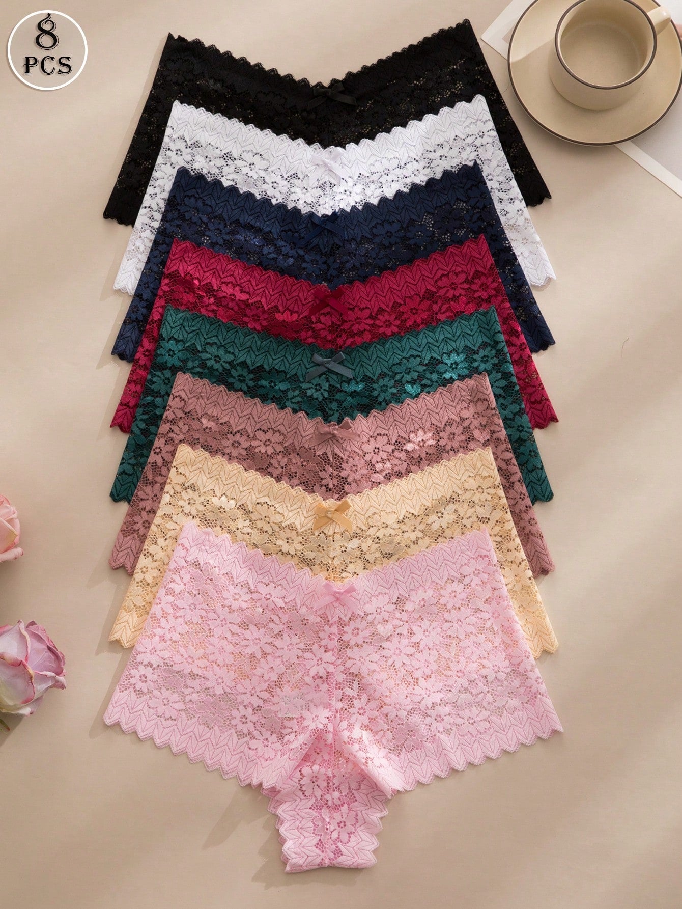 8Pcs/Set Seamless Sexy Lace See-Through Ladies Panties with Bowknot & Floral Pattern Lingerie Bowknot