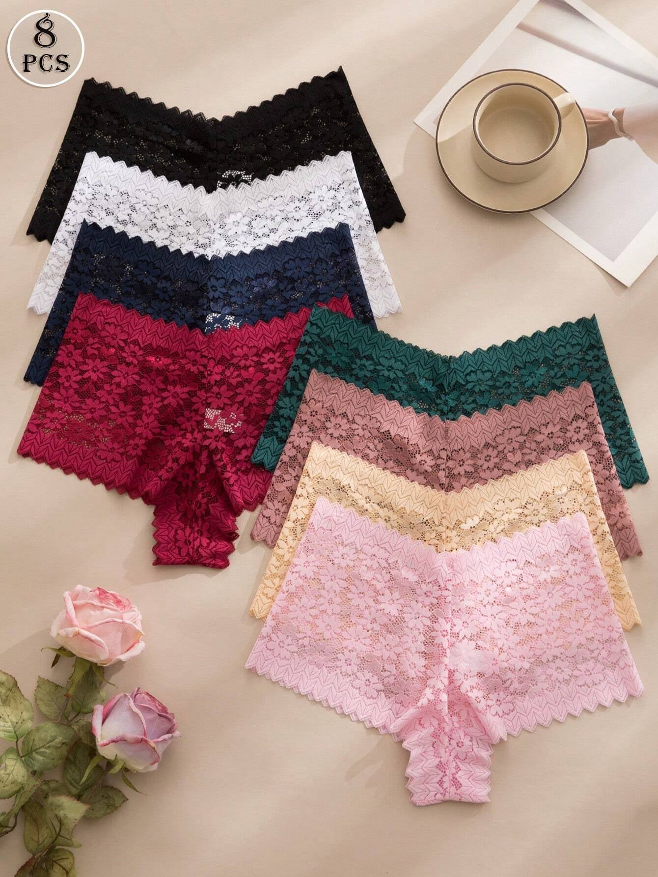 8Pcs/Set Seamless Sexy Lace See-Through Ladies Panties with Bowknot & Floral Pattern Lingerie Bowknot