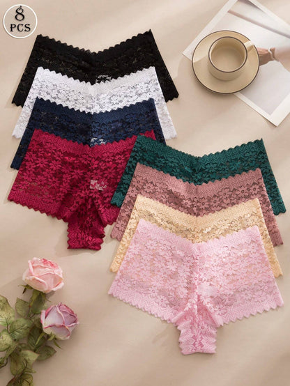 8Pcs/Set Seamless Sexy Lace See-Through Ladies Panties with Bowknot & Floral Pattern Lingerie Bowknot