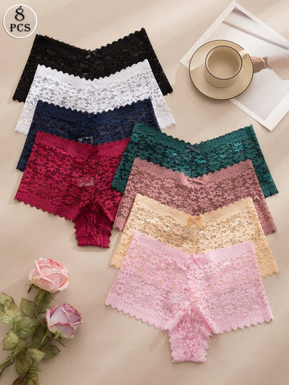 8Pcs/Set Seamless Sexy Lace See-Through Ladies Panties with Bowknot & Floral Pattern Lingerie Bowknot