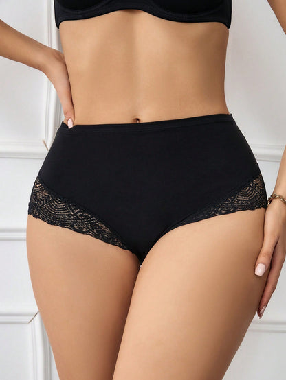 Seduluxe Elegant Black Contrast Lace High Waist Briefs for Women Comfortable Stretch Panties