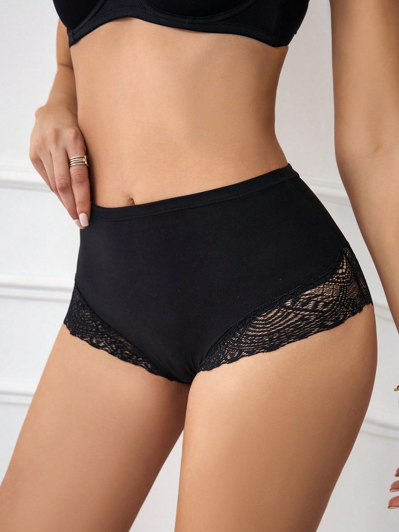 Seduluxe Elegant Black Contrast Lace High Waist Briefs for Women Comfortable Stretch Panties