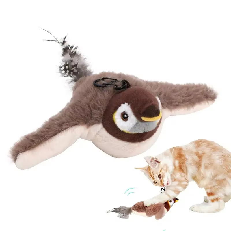 Chirping Bird Cat Toy Simulated Bird Interaction Toy Sparrow USB Rechargeable Flying Bird Cat Toys for Indoor Cats