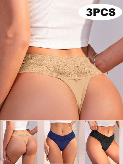 3Pcs Sexy Contrast Lace Multi-Colored Women'S Thong Set Lingerie