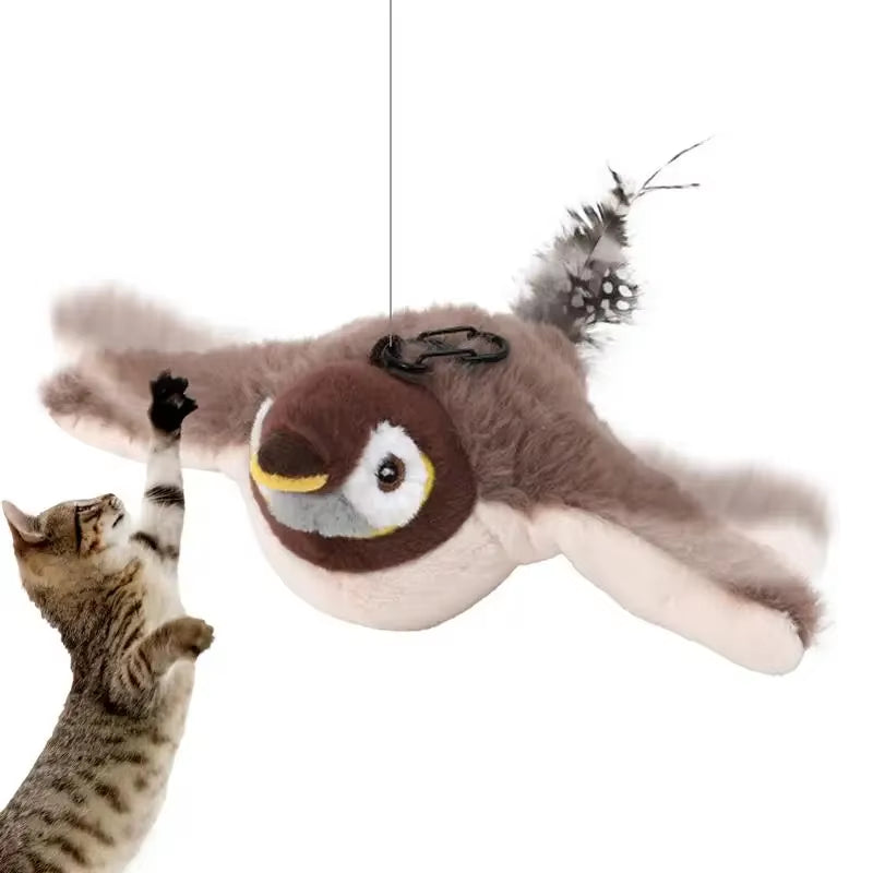 Chirping Bird Cat Toy Simulated Bird Interaction Toy Sparrow USB Rechargeable Flying Bird Cat Toys for Indoor Cats