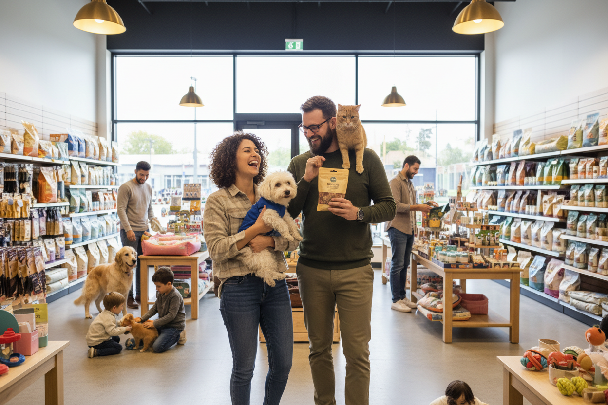 CLIENTES FELICES EN UNA TIENDA DE VENTAS DE ARTICULOS DE PET