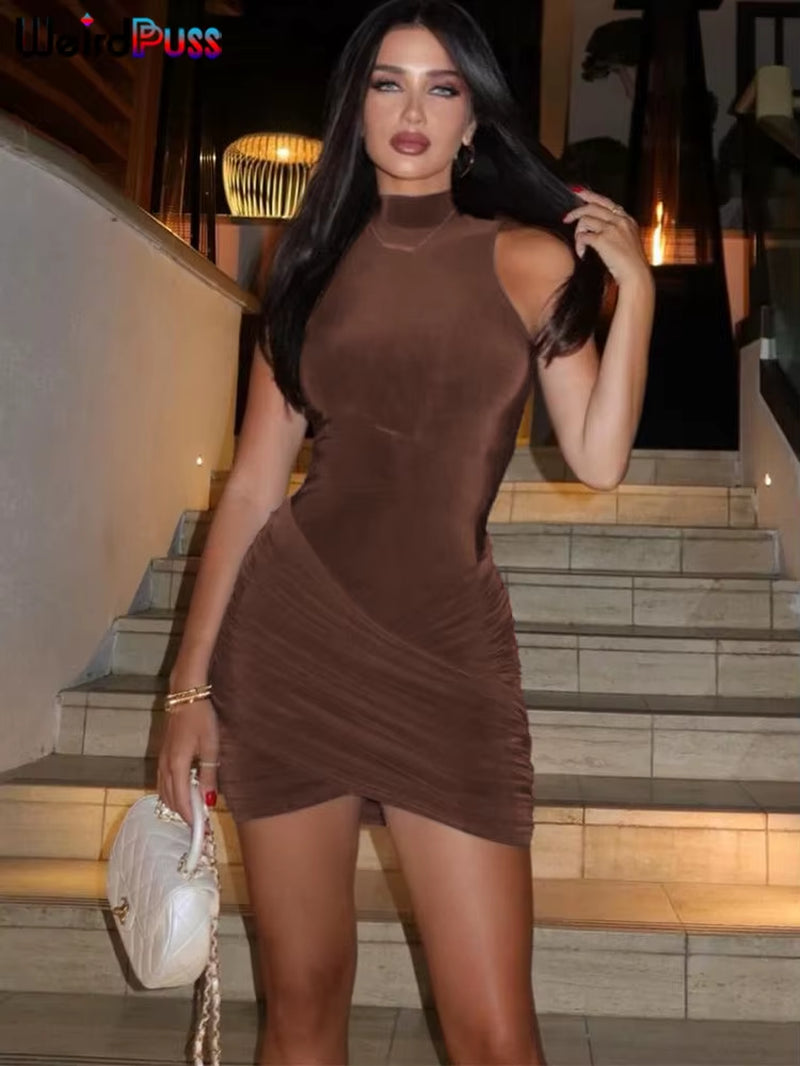 Cross Ruffles Mini Dress Woman Summer Sexy Solid Half High Collar Sleeveless Trend Chic Party Clubwear Skinny Bodycon