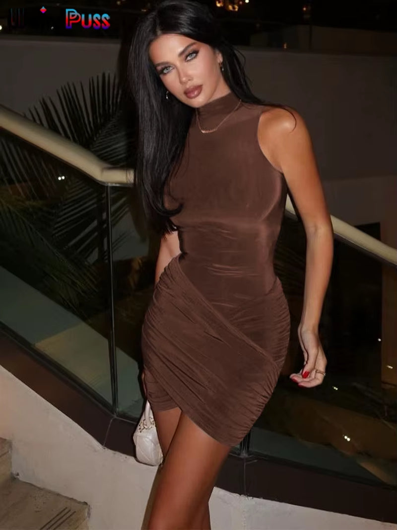 Cross Ruffles Mini Dress Woman Summer Sexy Solid Half High Collar Sleeveless Trend Chic Party Clubwear Skinny Bodycon