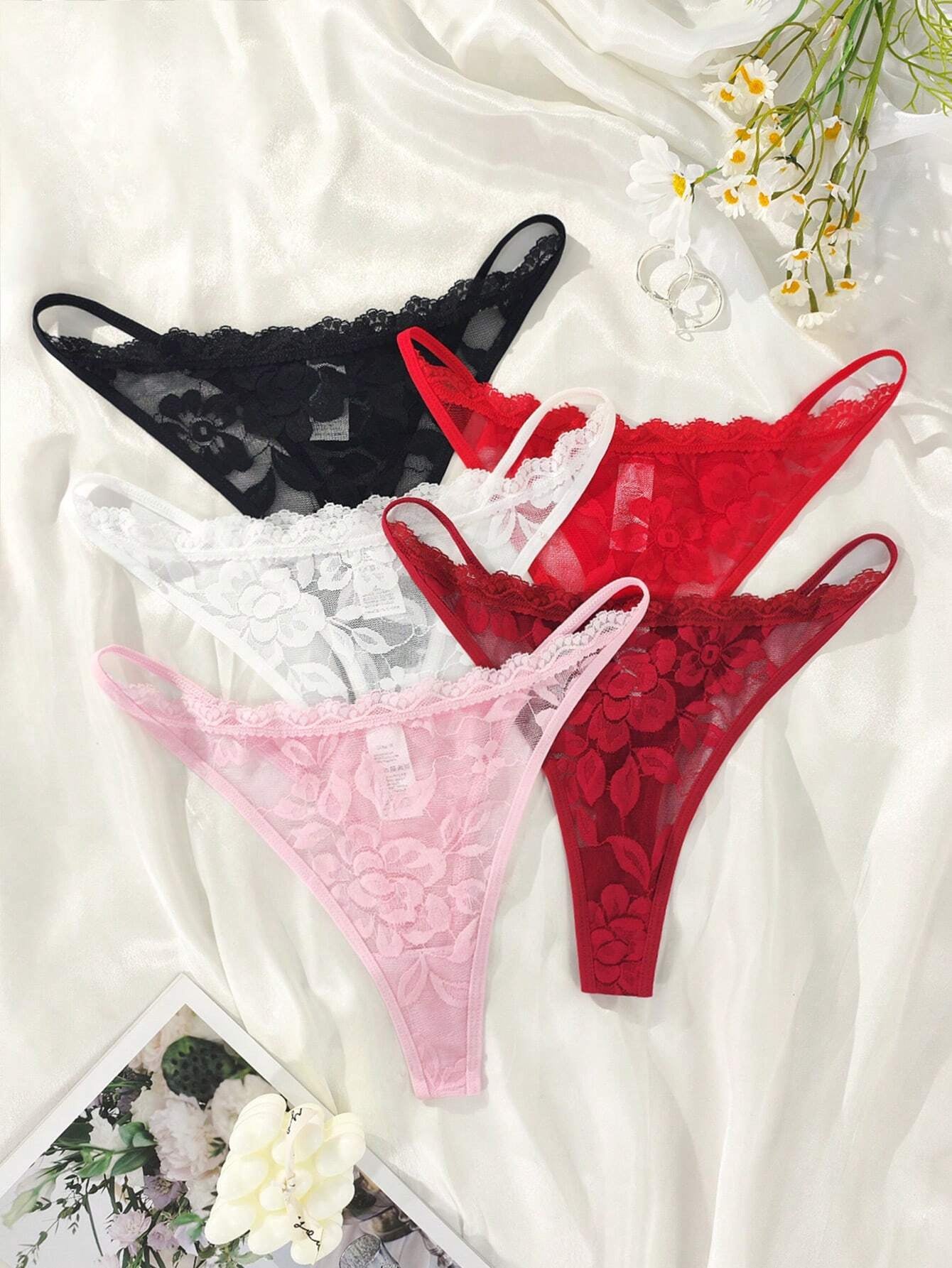 5Pcs/Set Sexy Sheer Lace Women G-String Lingerie