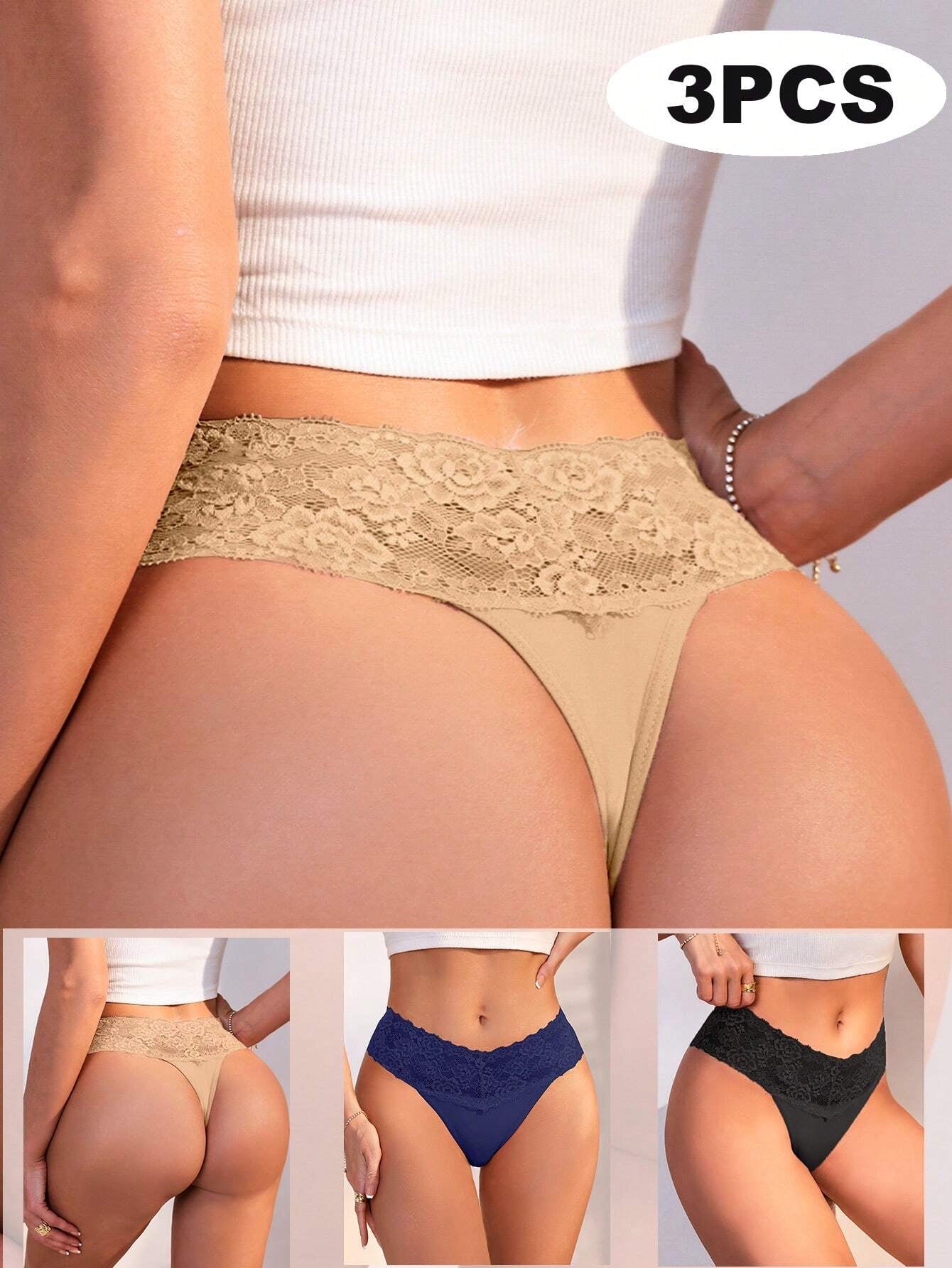 3Pcs Sexy Contrast Lace Multi-Colored Women'S Thong Set Lingerie