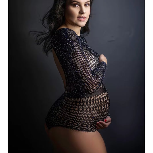 Bodysuit Rhinestones Maternity Body Cristal Maternity Pregnant Photo Shoot