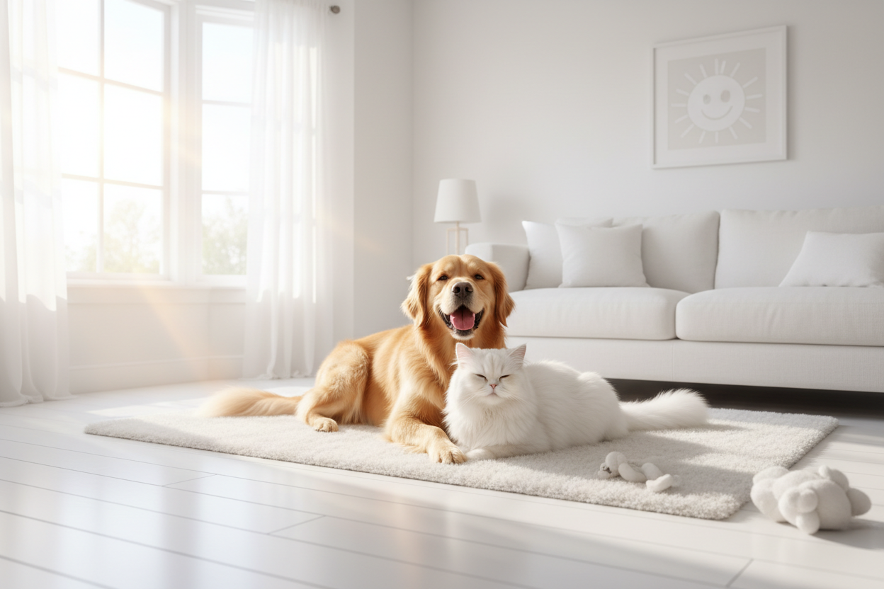 PERRO Y GATO EN UNA HABITACION BLACA FELIZ